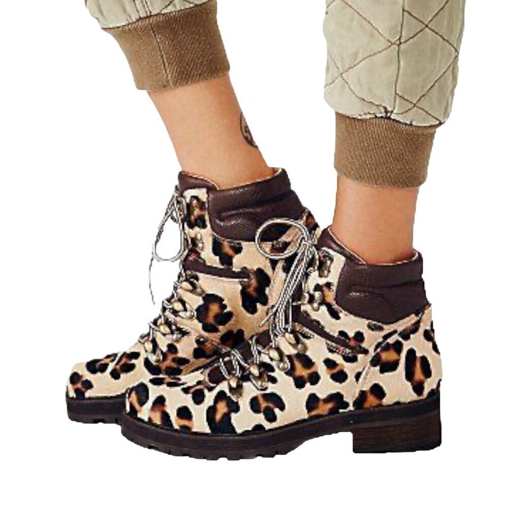 Free People Leopard Calf Hair Icon Hiker Boots, Size 38EU